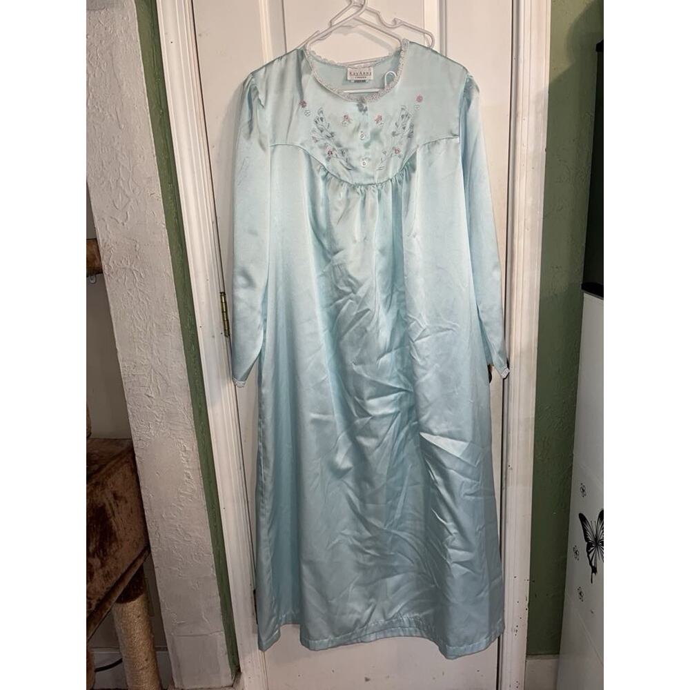 Vtg KAY ANNA blue brushed satin embroidered nightgown Womens Pajamas Lingerie L